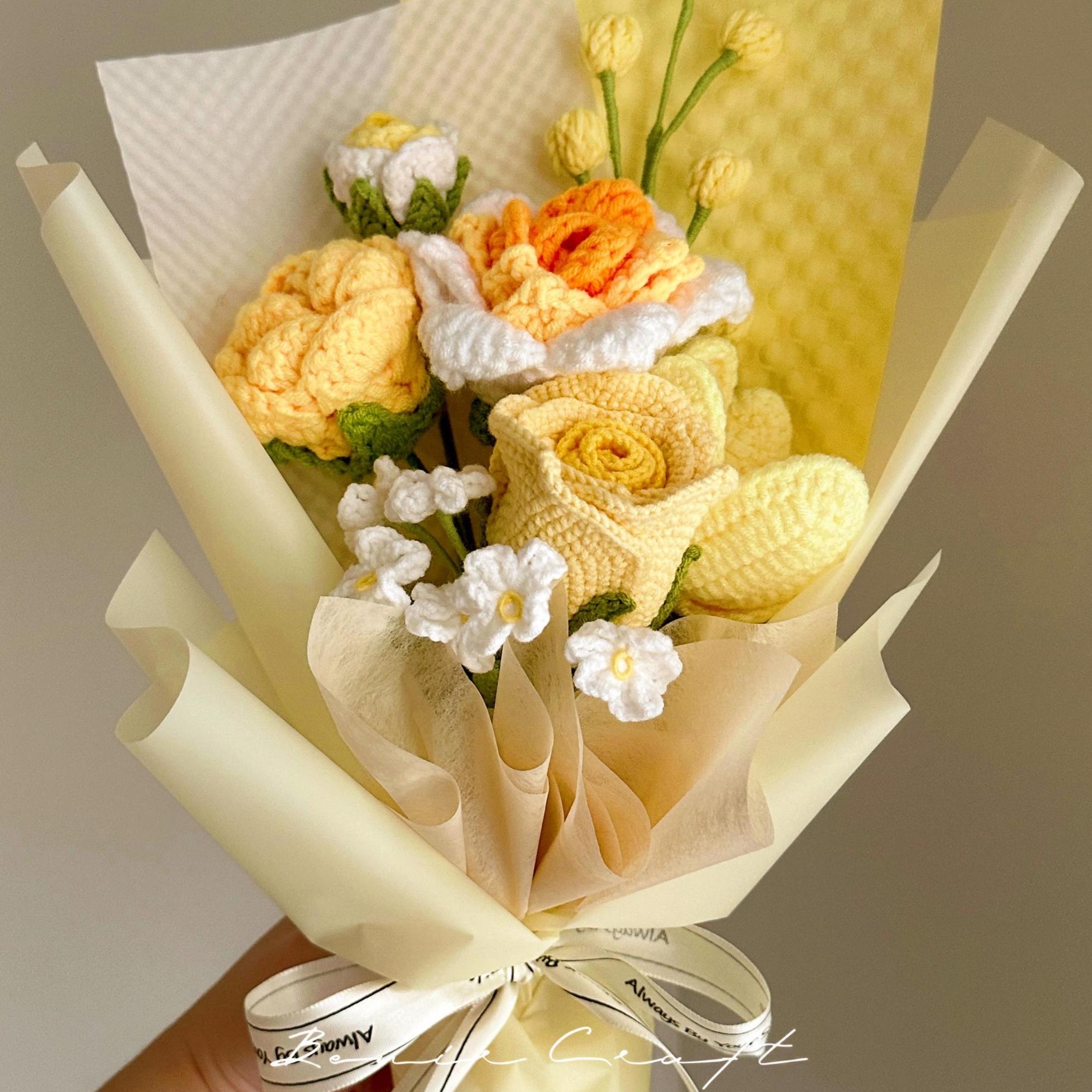 Handmade Crochet Flower Bouquet - 8 Styles | Lily Peony Rose Cosmos | Forever Gift - 图片 6