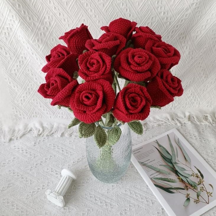Handmade Crochet Red Rose Bouquet – 5 Styles | Vase Single Stem Mini | Forever Flowers