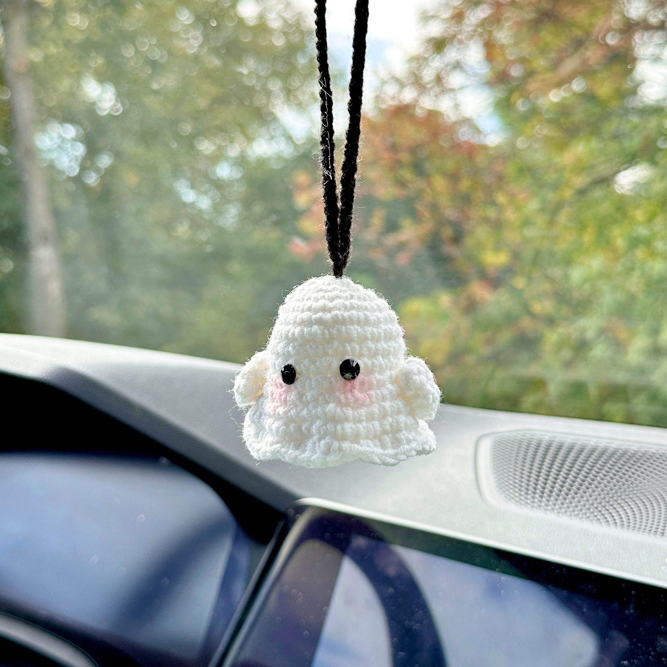 Handmade Crochet Ghost Mirror Charm | Cute Rearview Ornament | Car Decor
