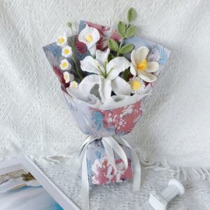 Handmade Crochet White Lily Bouquet – 4 Wrap Styles | Floral Print Kraft Purple | Forever