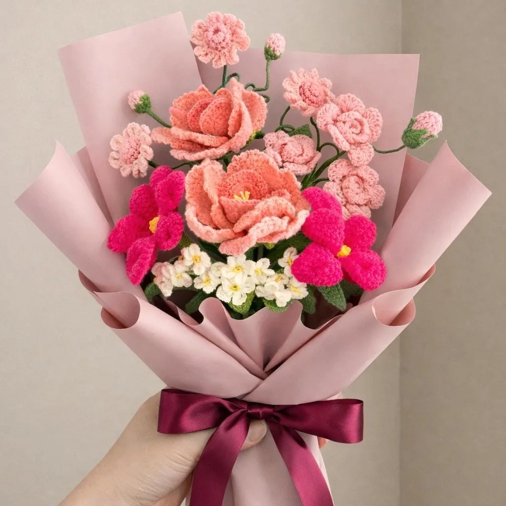 Mixed crochet bouquet with peony carnation and lily for mom