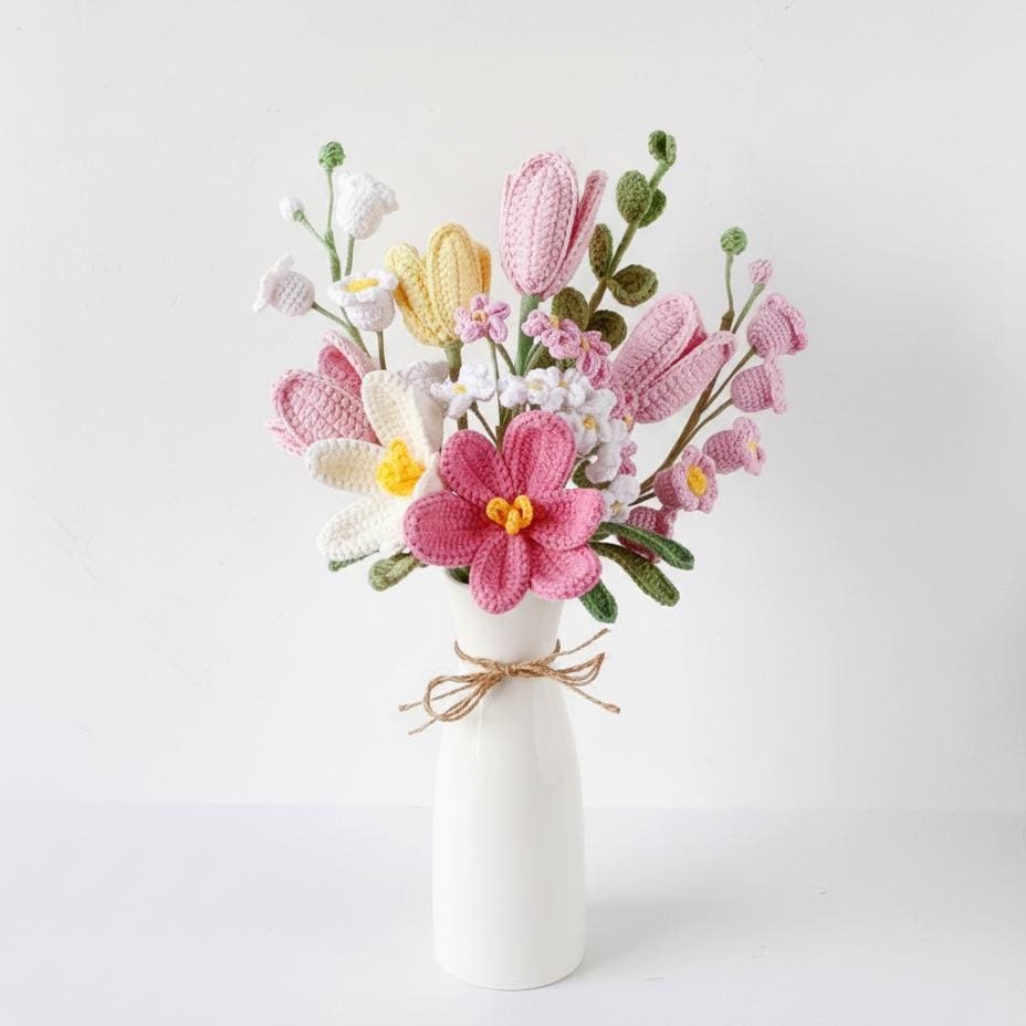 Handmade Crochet Spring Bouquet & Vase – 7 Styles | Pink Lavender Blue Yellow Purple - 图片 2