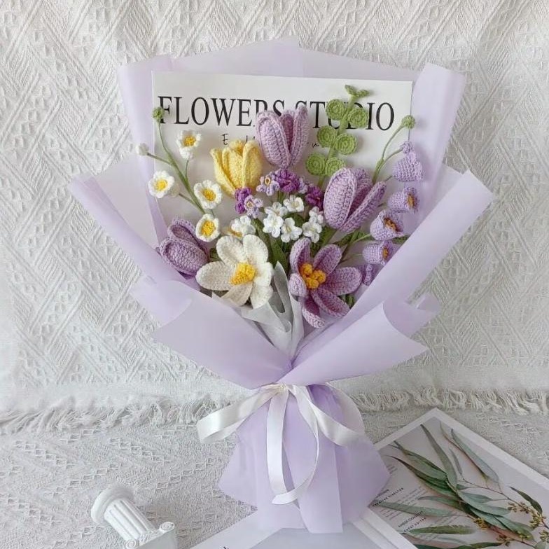 Handmade Crochet Spring Bouquet & Vase – 7 Styles | Pink Lavender Blue Yellow Purple - 图片 8