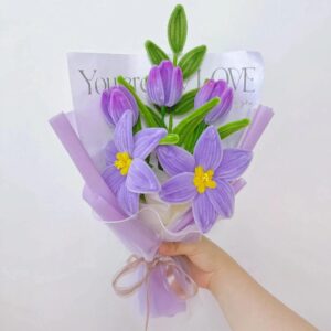 Handmade Crochet Velvet Tulip & Iris Bouquet – 3 Chenille Yarn Styles