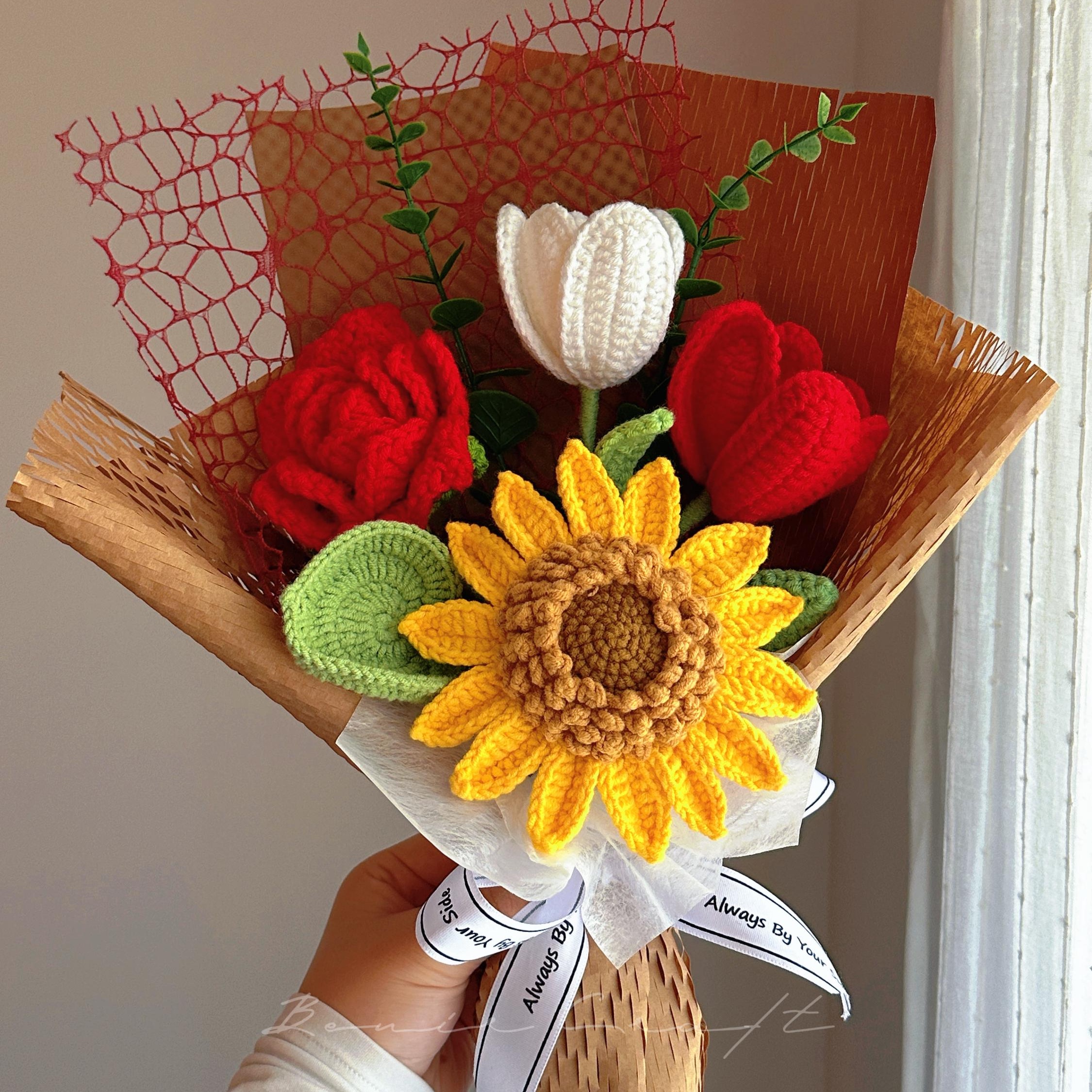 Handmade Crochet Sunflower Bouquet - 9 Styles | Sunflower Rose Lily | Forever Gift - 图片 4