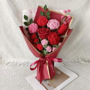 Handmade Crochet Red Pink Rose Peony Bouquet – 2 Styles | Romantic Forever Flowers