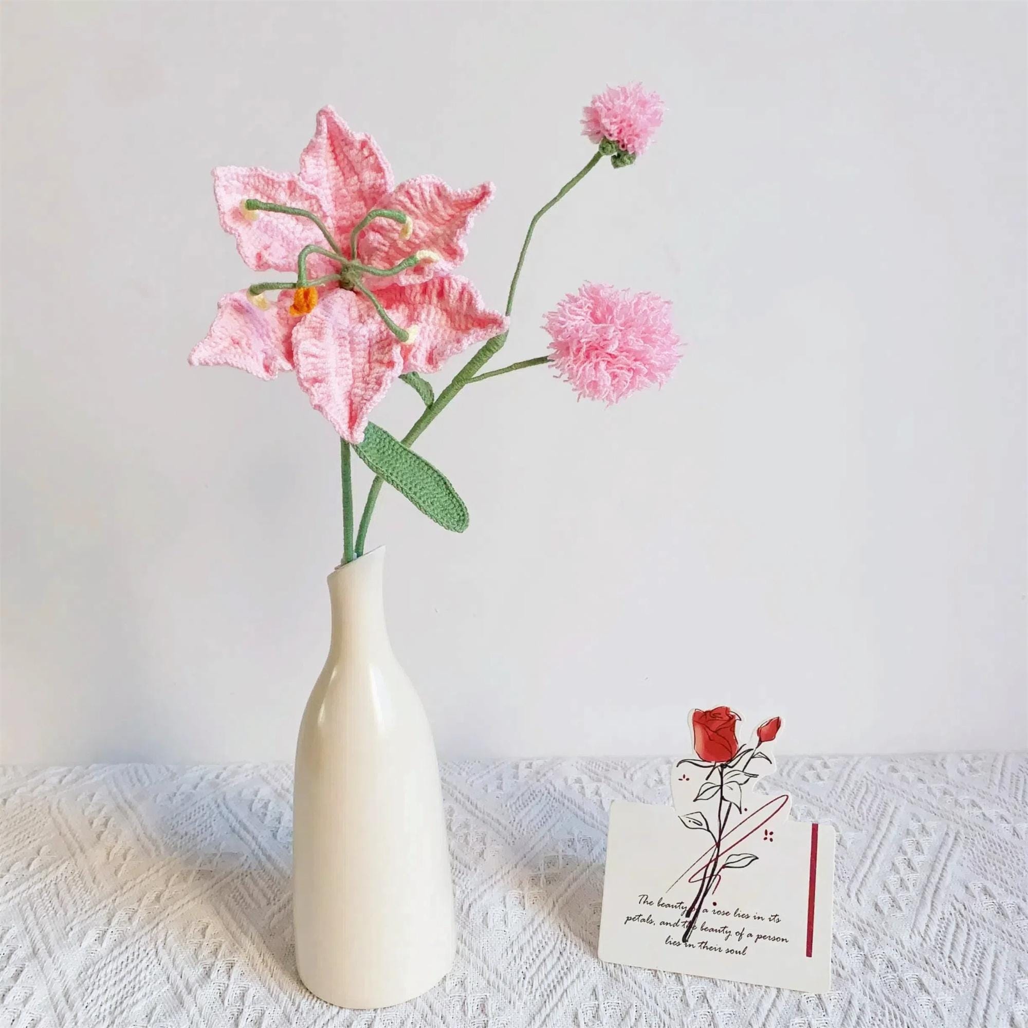 Handmade Crochet Pink Lily & Pom-Pom Bouquet – Whimsical Garden Style