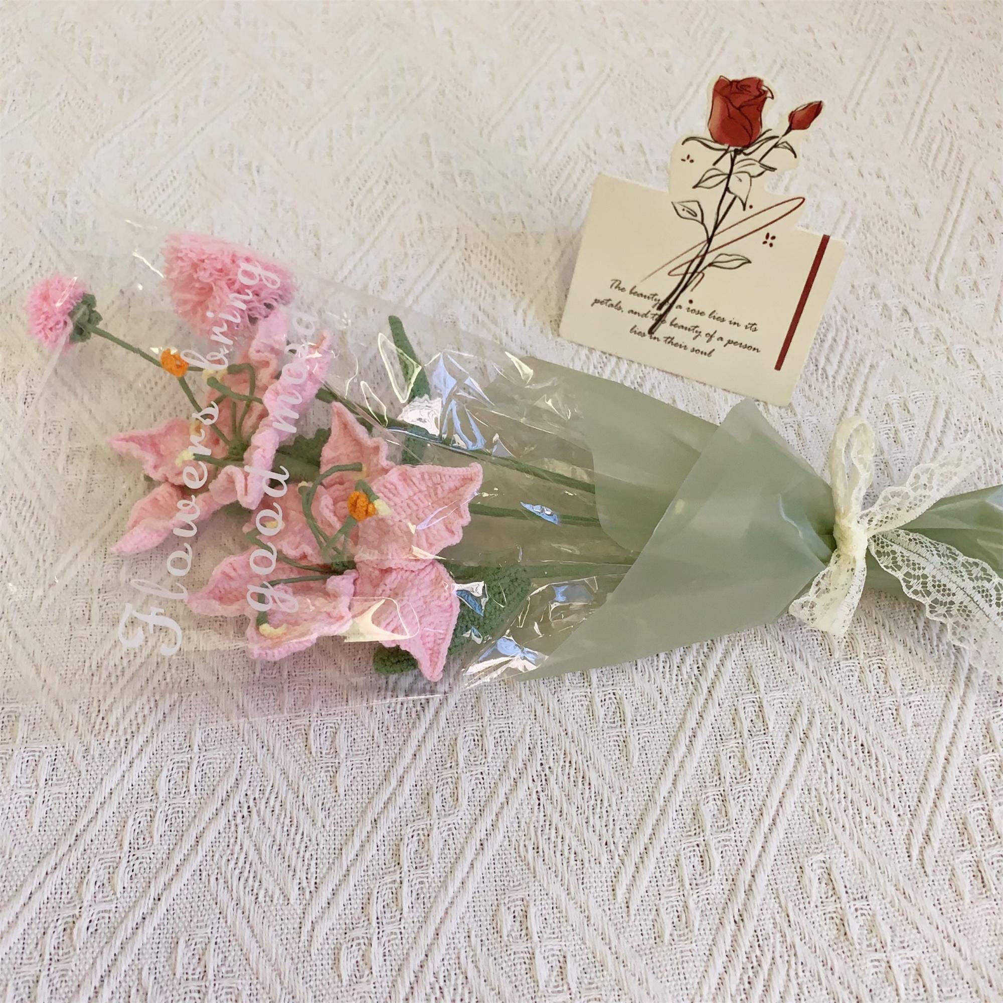 Handmade Crochet Pink Lily & Pom-Pom Bouquet – Whimsical Garden Style - 图片 5