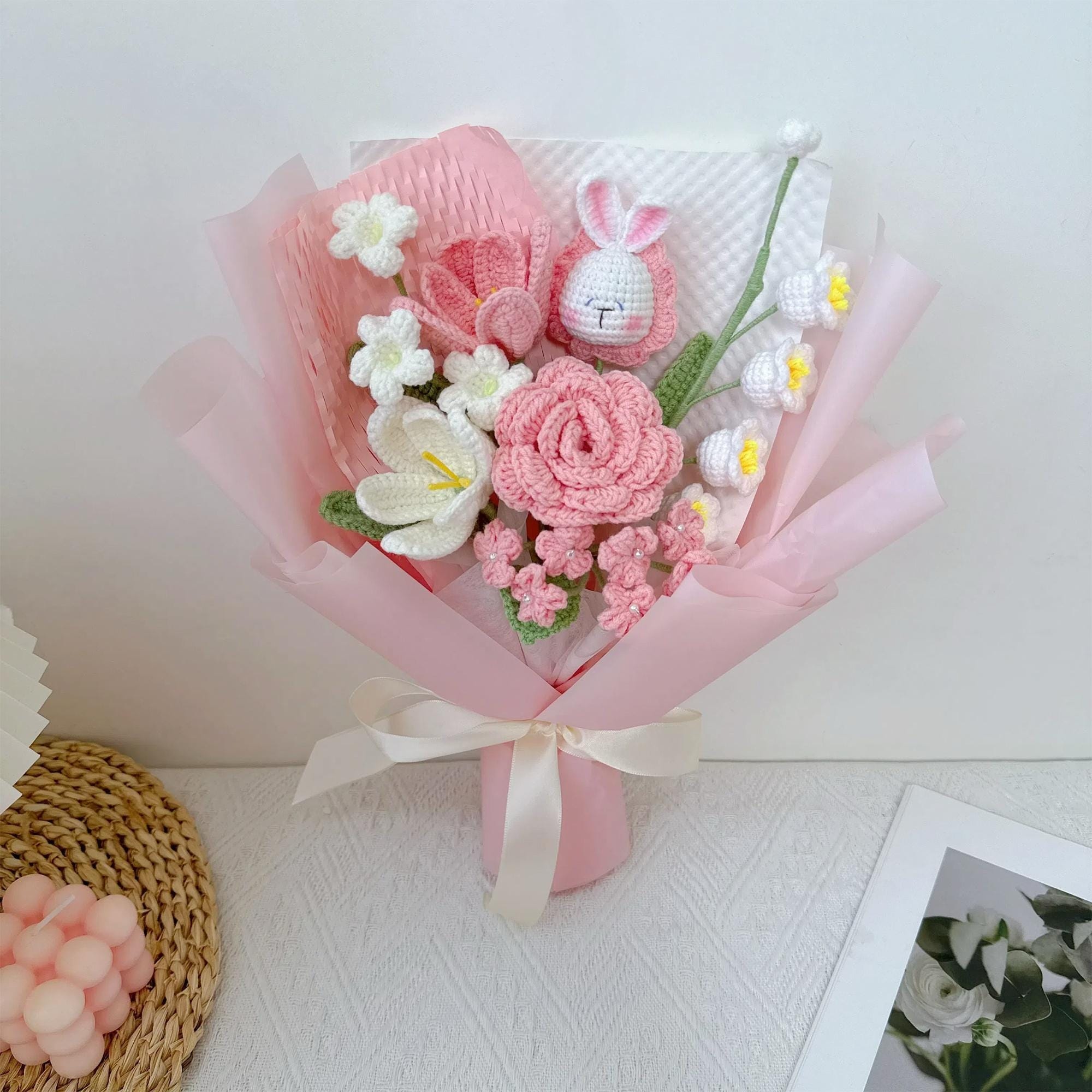 Handmade Crochet Bunny Animal Bouquet – Rose or Sunflower Style