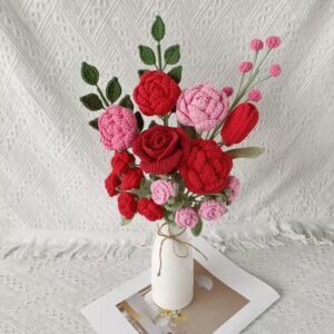Handmade Crochet Rose Peony Vase & Bouquet – 3 Styles | Red Rose Pink Peony | Forever