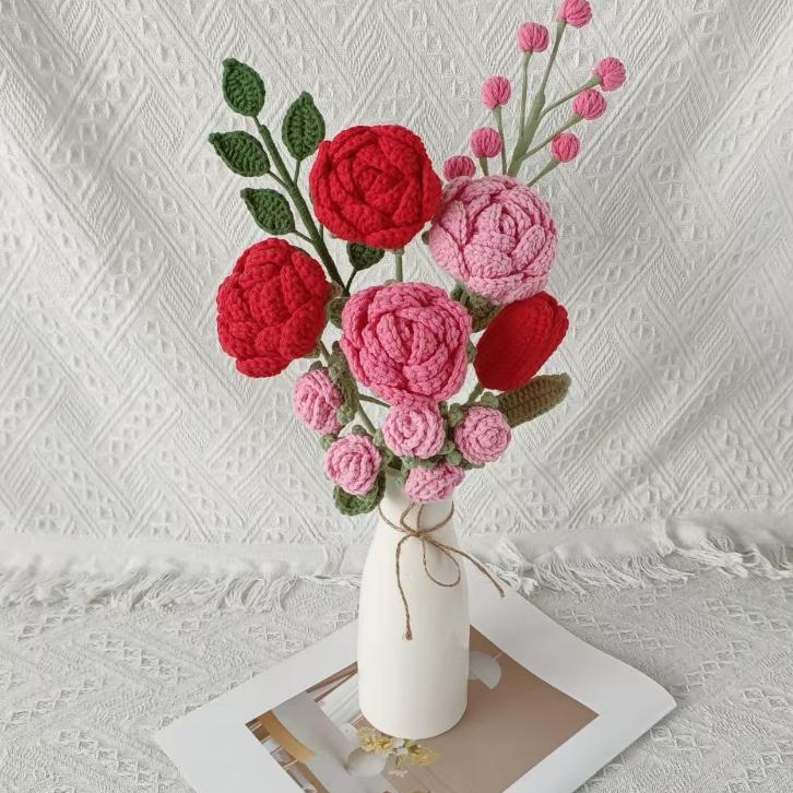 Handmade Crochet Rose Peony Vase & Bouquet – 3 Styles | Red Rose Pink Peony | Forever - 图片 3