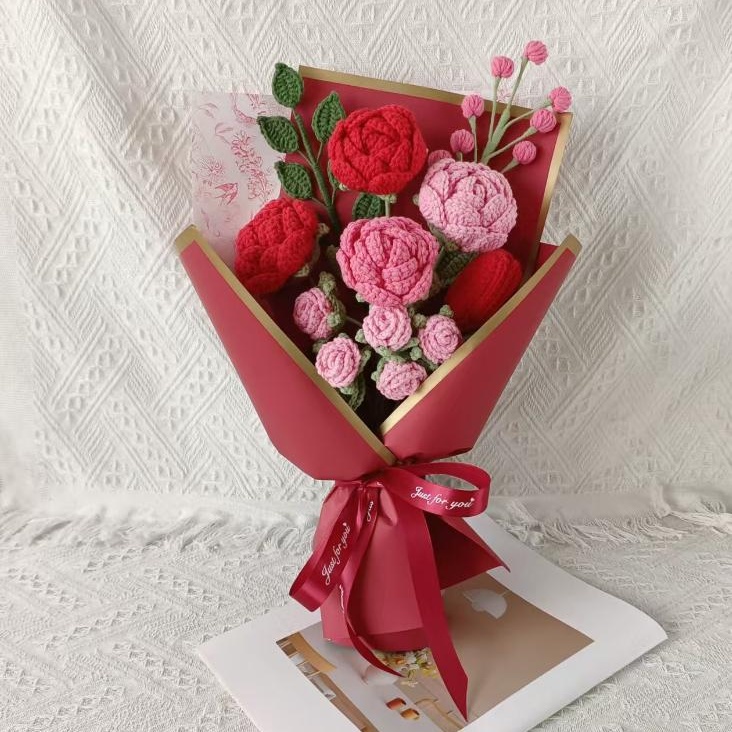 Handmade Crochet Rose Peony Vase & Bouquet – 3 Styles | Red Rose Pink Peony | Forever - 图片 4