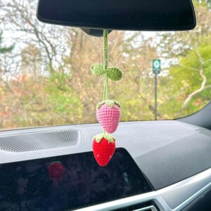 Handmade Crochet Strawberry Mirror Charm | Cute Rearview Ornament | Car Decor