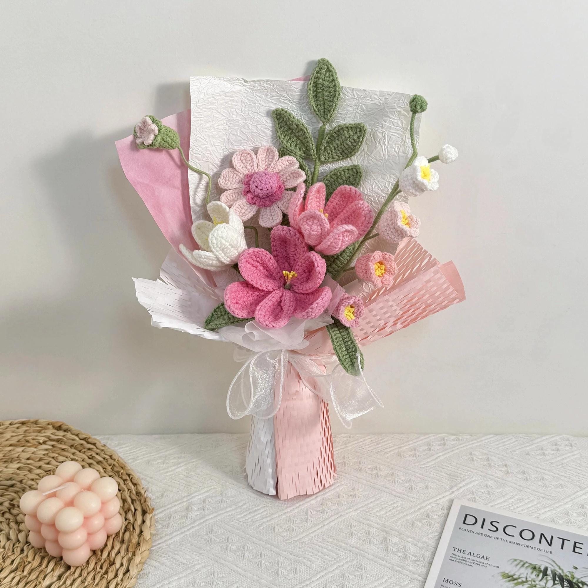 Handmade Crochet Tulip & Daisy Mixed Bouquet – Pink or Blue