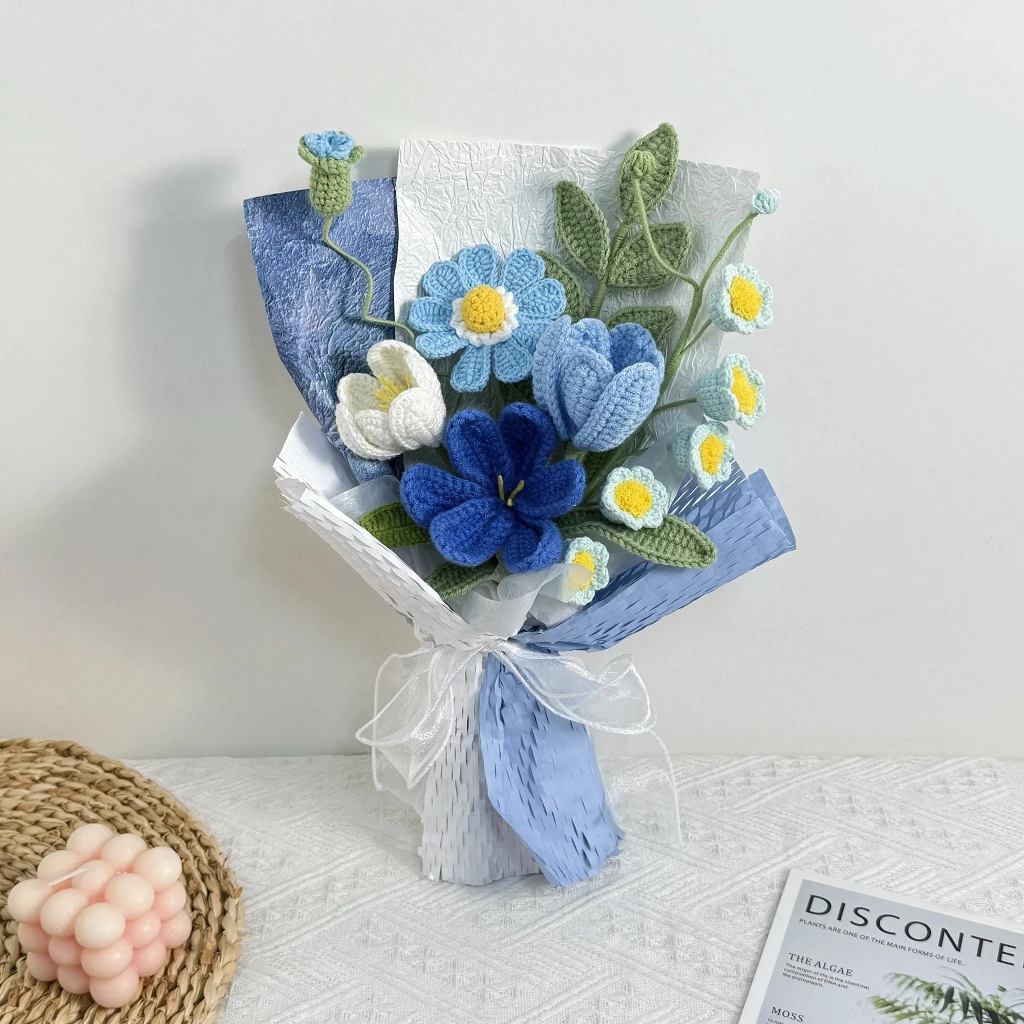 Handmade Crochet Tulip & Daisy Mixed Bouquet – Pink or Blue - 图片 3