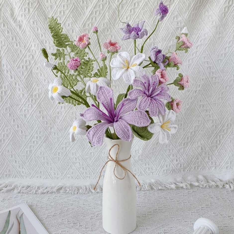 Handmade Crochet Purple Lily Wildflower – 2 Styles | Vase & Bouquet | Forever Flowers