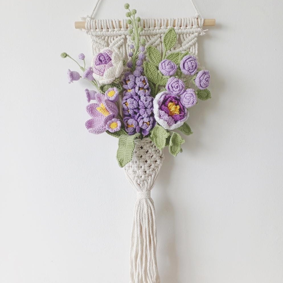 Handmade Crochet Flower Wall Hanging – 2 Styles | Purple Peony & Lavender Rose | Home Décor