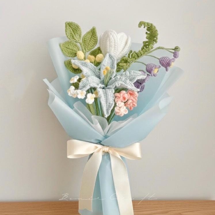 Handmade Crochet Flower Bouquet - 7 Styles | Lily Peony Tulip Blue | Forever Gift