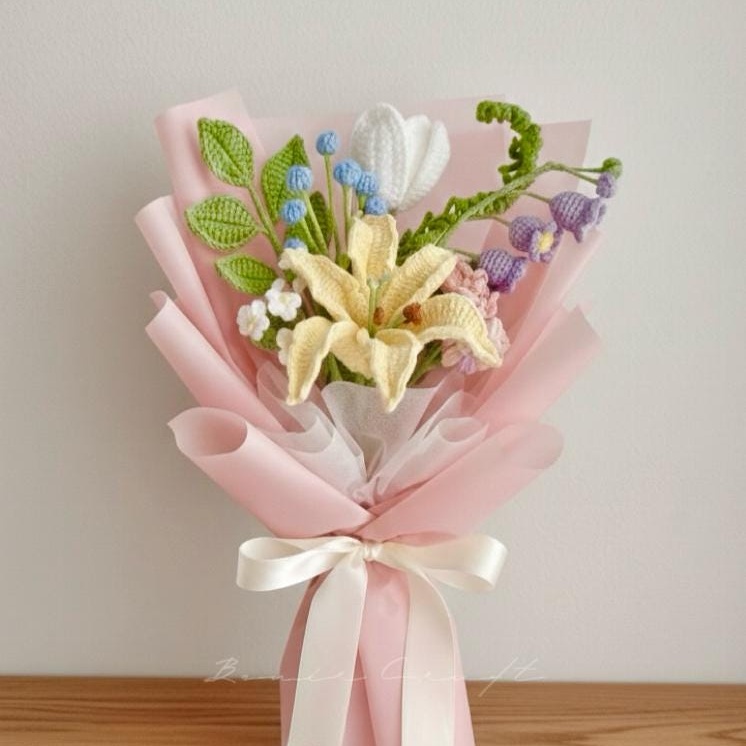 Handmade Crochet Flower Bouquet - 7 Styles | Lily Peony Tulip Blue | Forever Gift - 图片 3