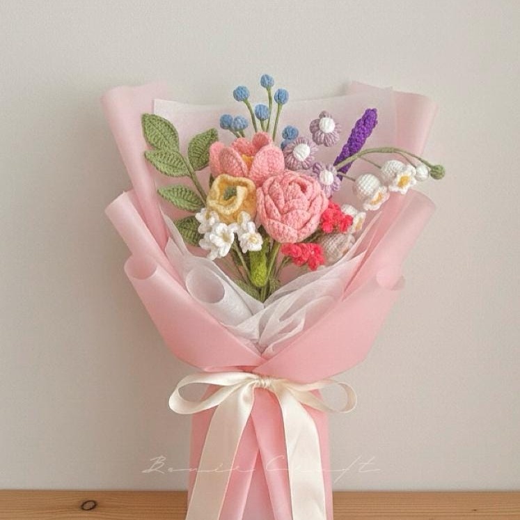 Handmade Crochet Flower Bouquet - 7 Styles | Lily Peony Tulip Blue | Forever Gift - 图片 4