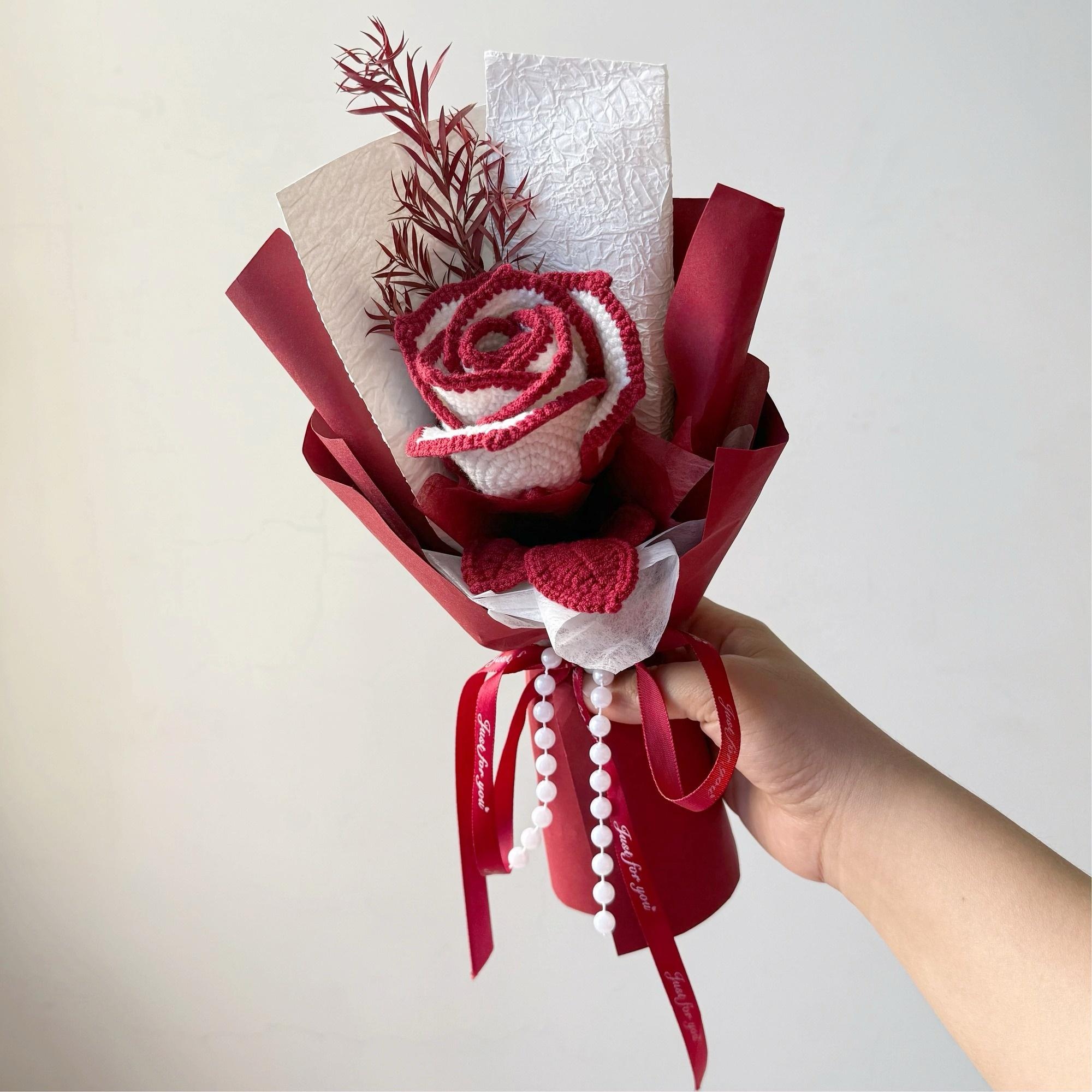 Handmade Crochet Single-Stem Rose in Gift Wrap – 6 Presentation Styles - 图片 3