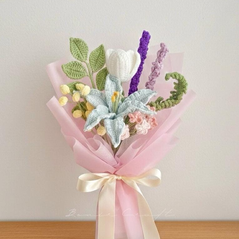 Handmade Crochet Flower Bouquet - 7 Styles | Lily Peony Tulip Blue | Forever Gift - 图片 5