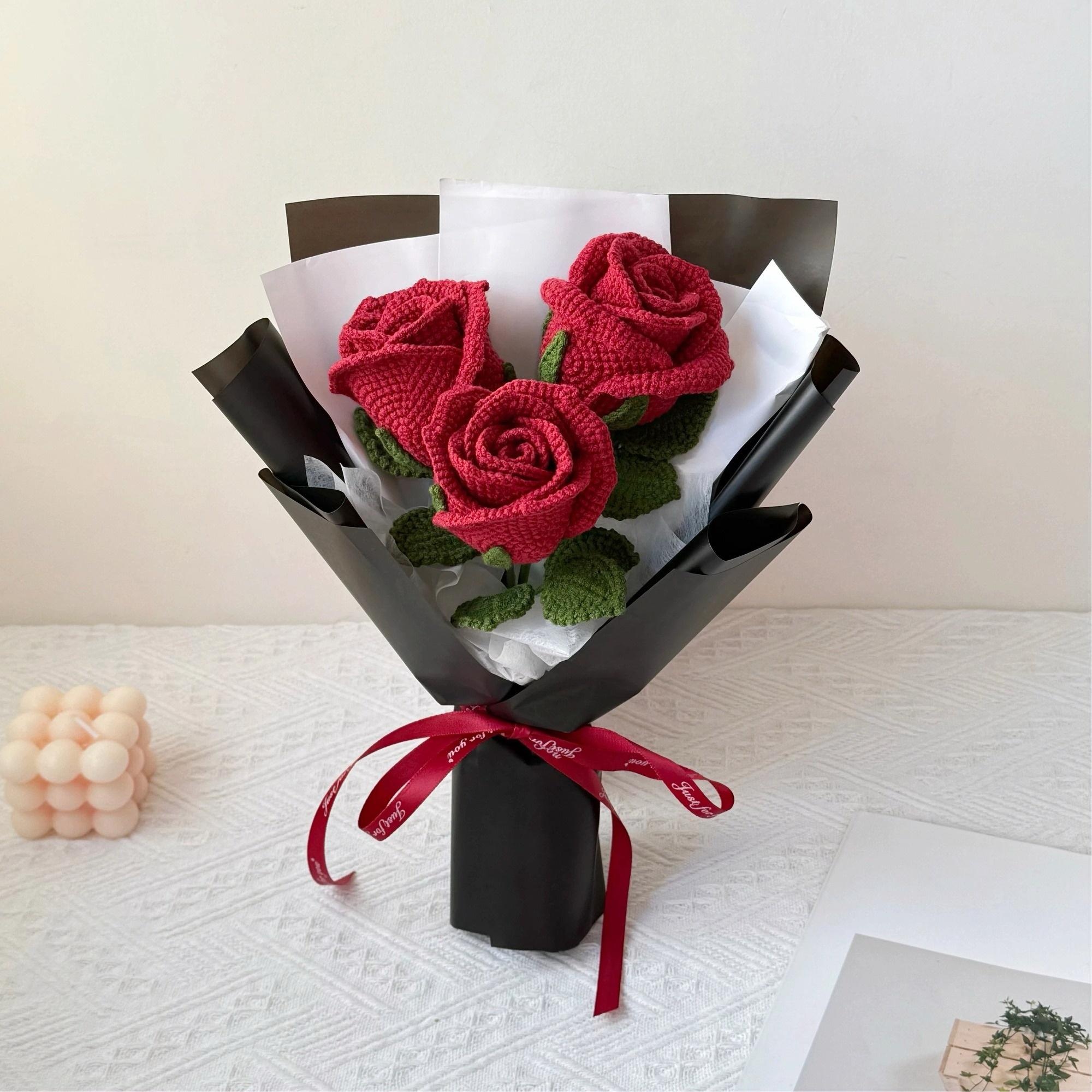 Handmade Crochet Single-Stem Rose in Gift Wrap – 6 Presentation Styles - 图片 7