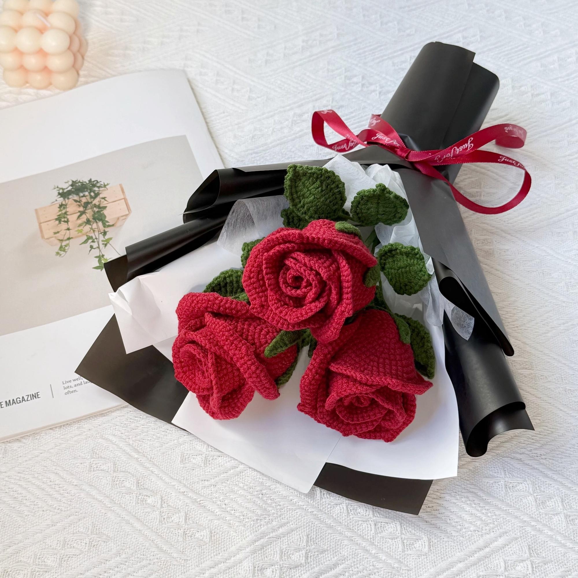Handmade Crochet Single-Stem Rose in Gift Wrap – 6 Presentation Styles - 图片 8