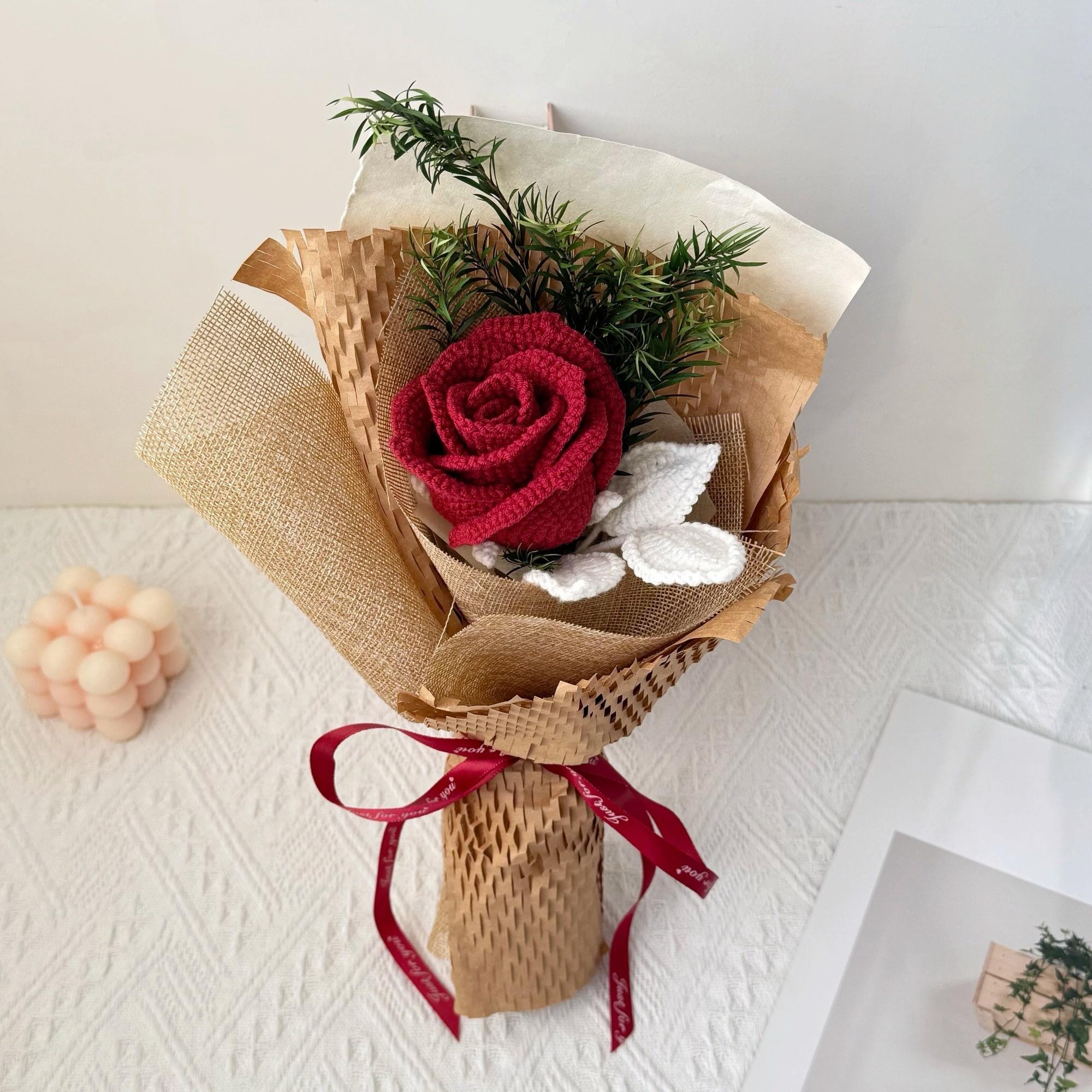 Handmade Crochet Single-Stem Rose in Gift Wrap – 6 Presentation Styles - 图片 9