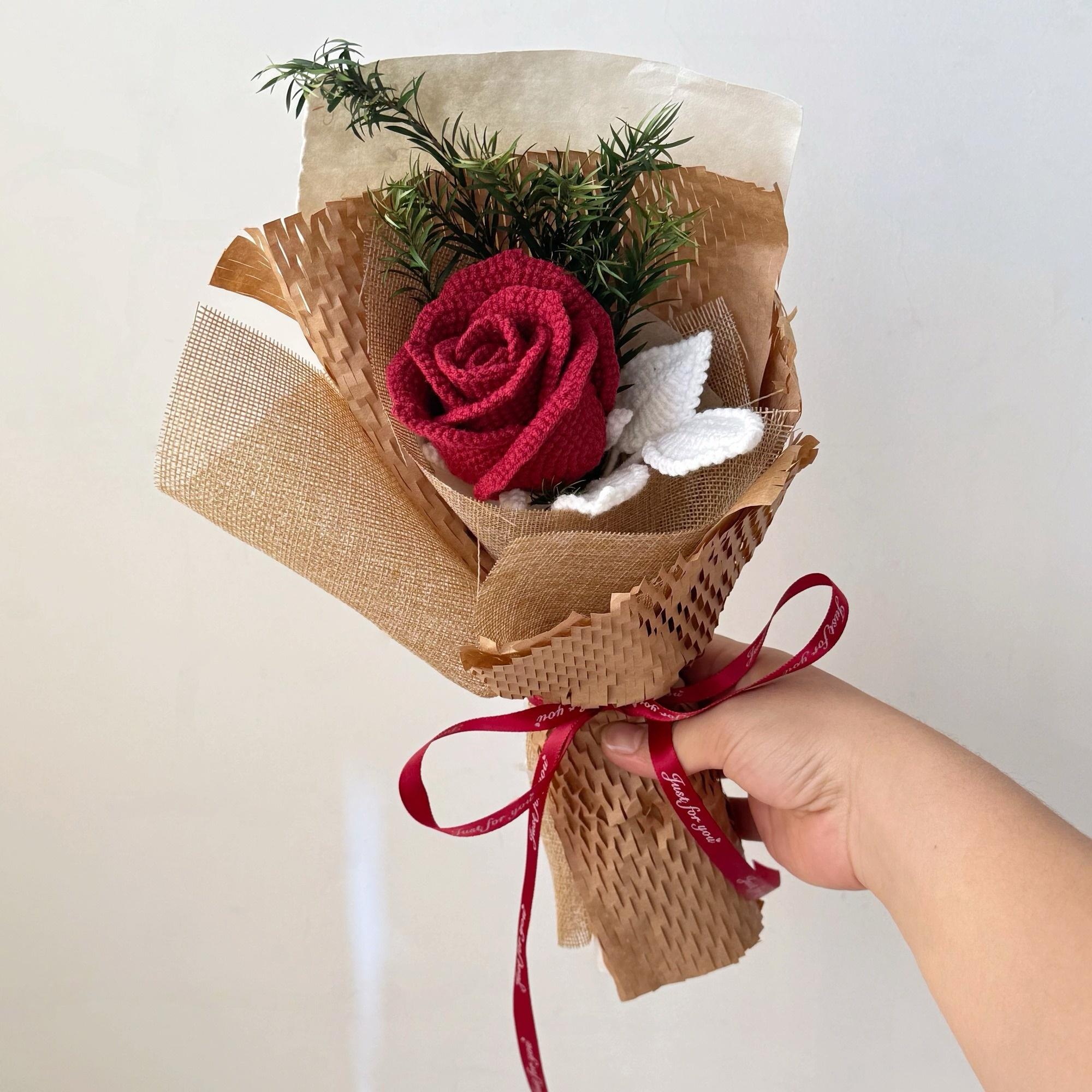 Handmade Crochet Single-Stem Rose in Gift Wrap – 6 Presentation Styles - 图片 10