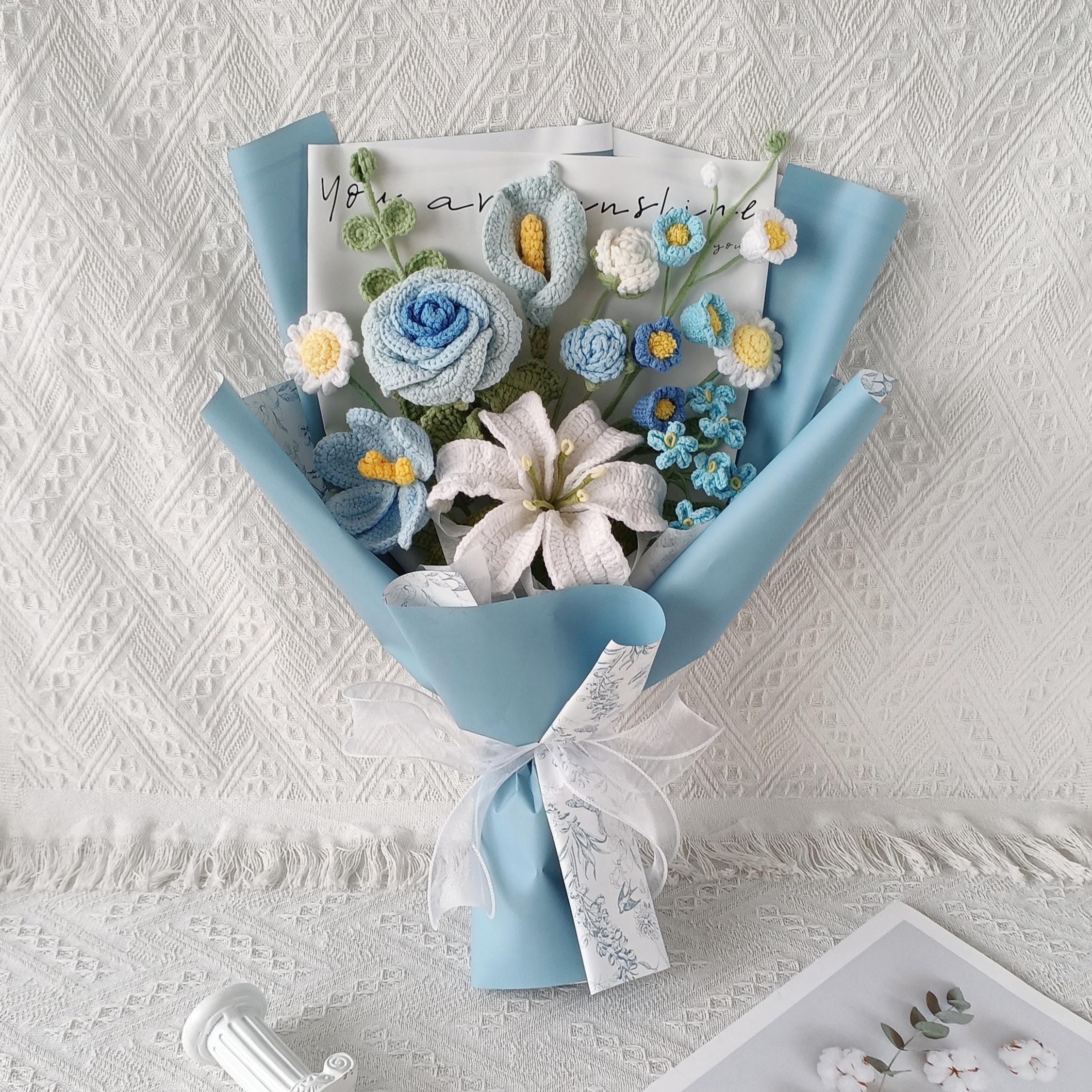 Handmade Crochet Blue Rose Lily Bouquet – 2 Styles | Bouquet & Vase | Forever Flowers
