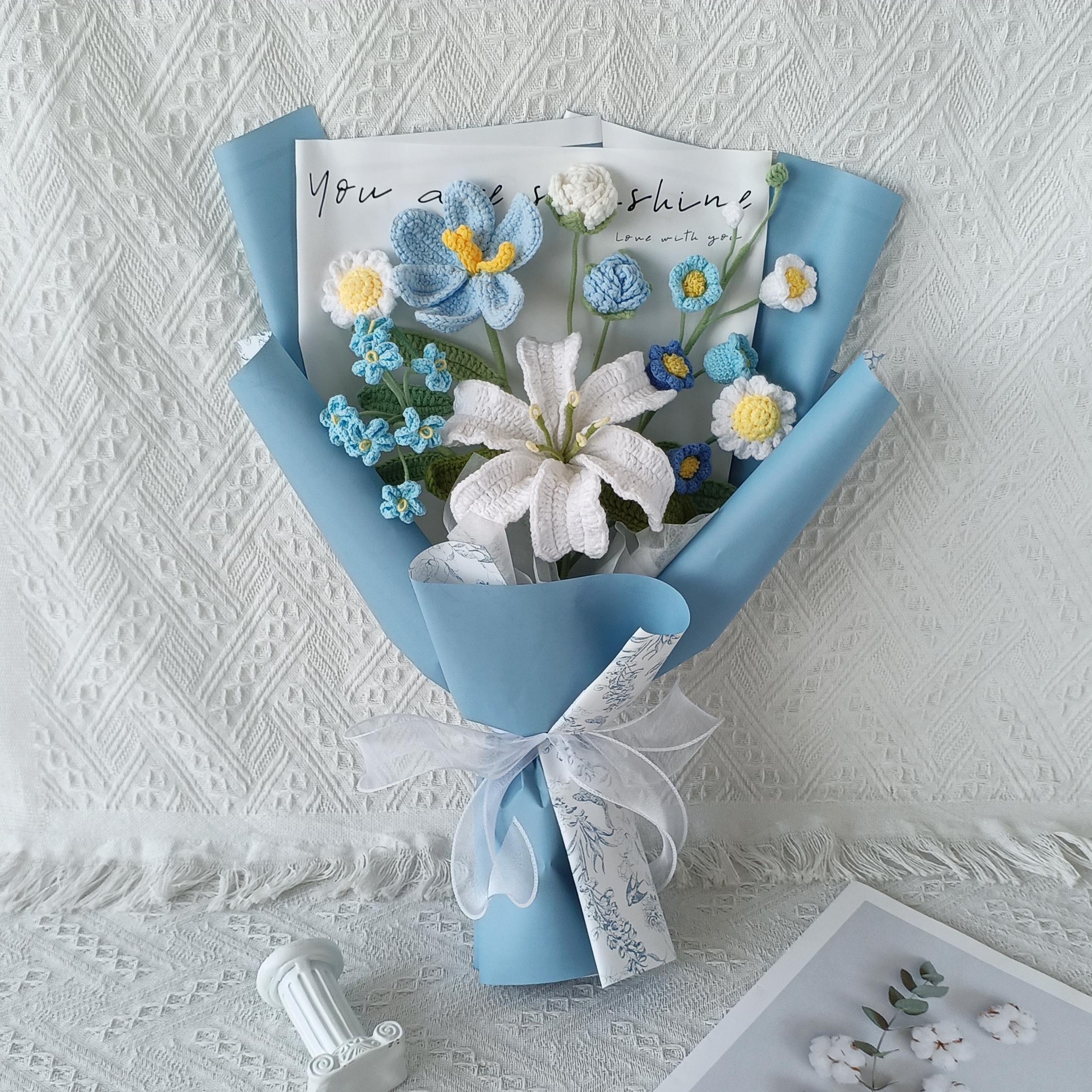 Handmade Crochet Blue Rose Lily Bouquet – 2 Styles | Bouquet & Vase | Forever Flowers - 图片 2