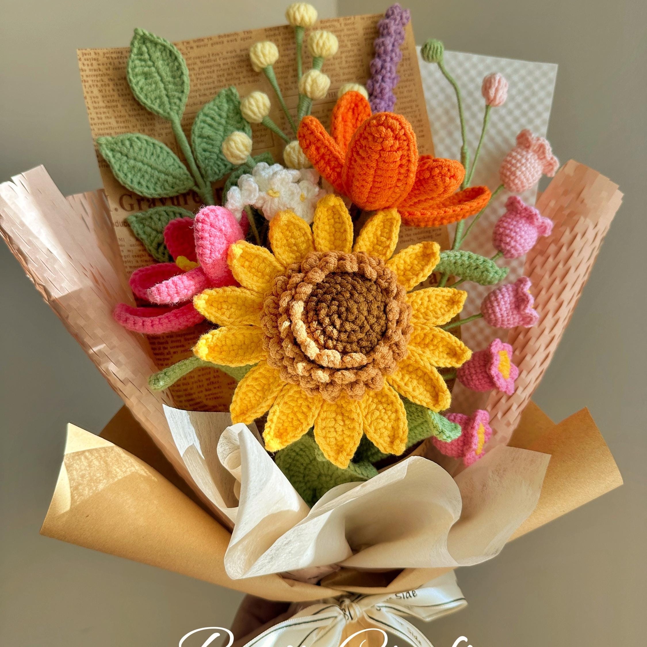 Handmade Crochet Sunflower Bouquet - 9 Styles | Sunflower Rose Orange | Forever Gift - 图片 3