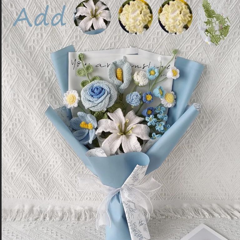 Handmade Crochet Blue Rose Lily Bouquet – 2 Styles | Bouquet & Vase | Forever Flowers - 图片 4