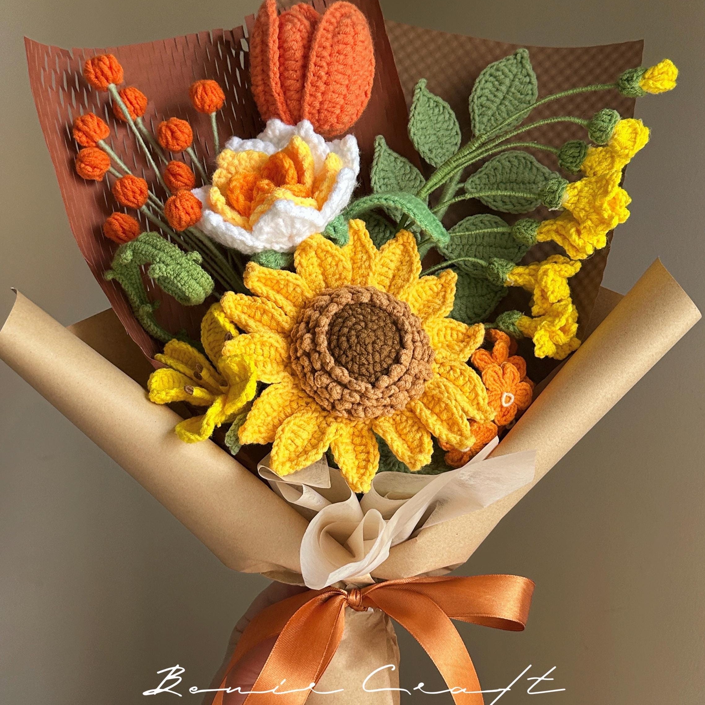 Handmade Crochet Sunflower Bouquet - 9 Styles | Sunflower Rose Orange | Forever Gift - 图片 4