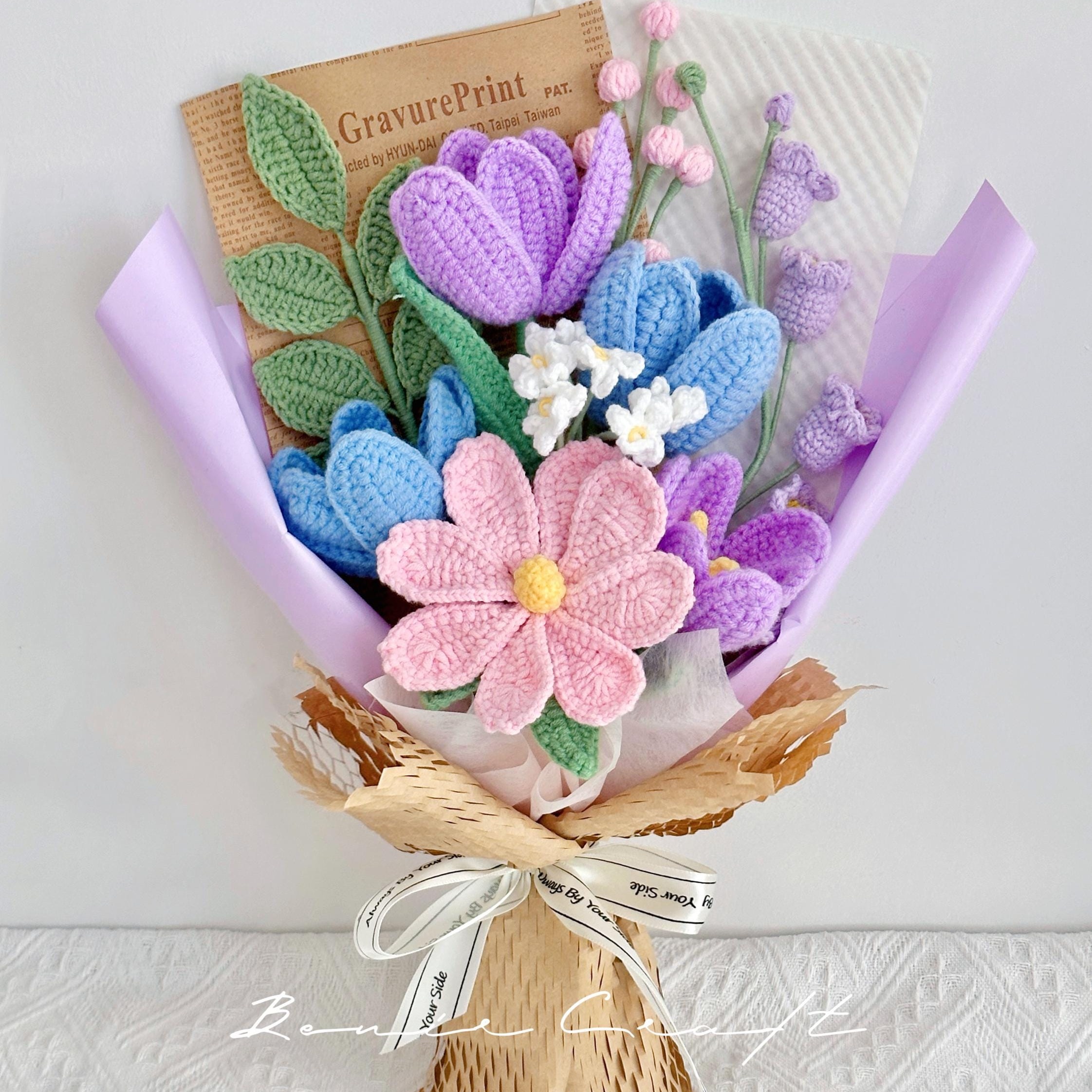 Handmade Crochet Tulip Cosmos Bouquet - 4 Styles | Purple Blue Pink | Forever Gift