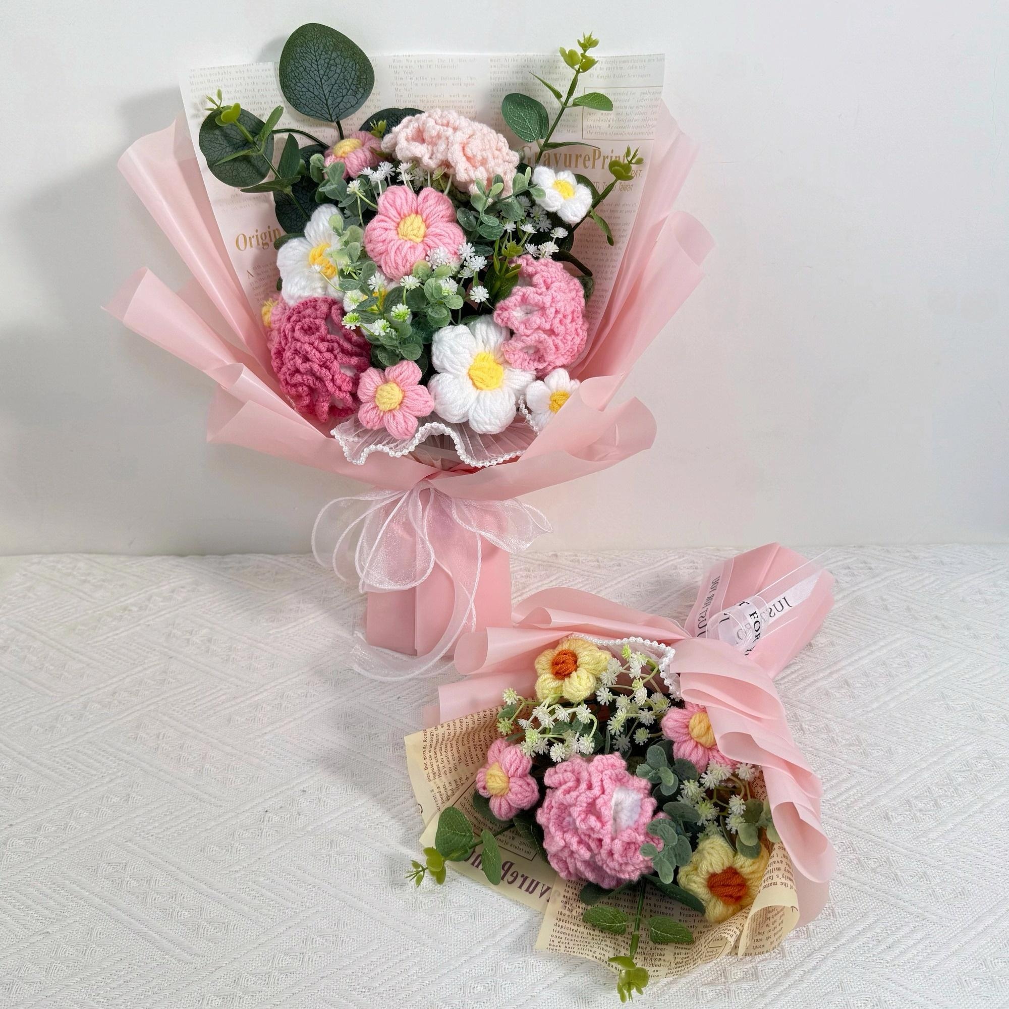 Handmade Crochet Carnation & Daisy Bouquet – Pink or Orange