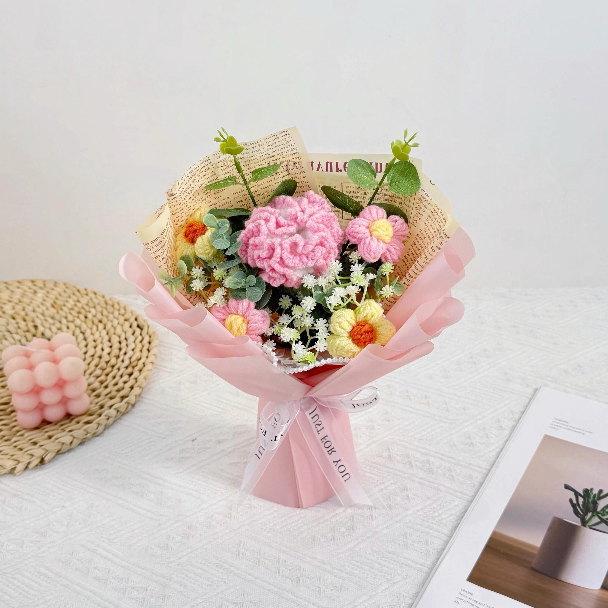 Handmade Crochet Carnation & Daisy Bouquet – Pink or Orange - 图片 2