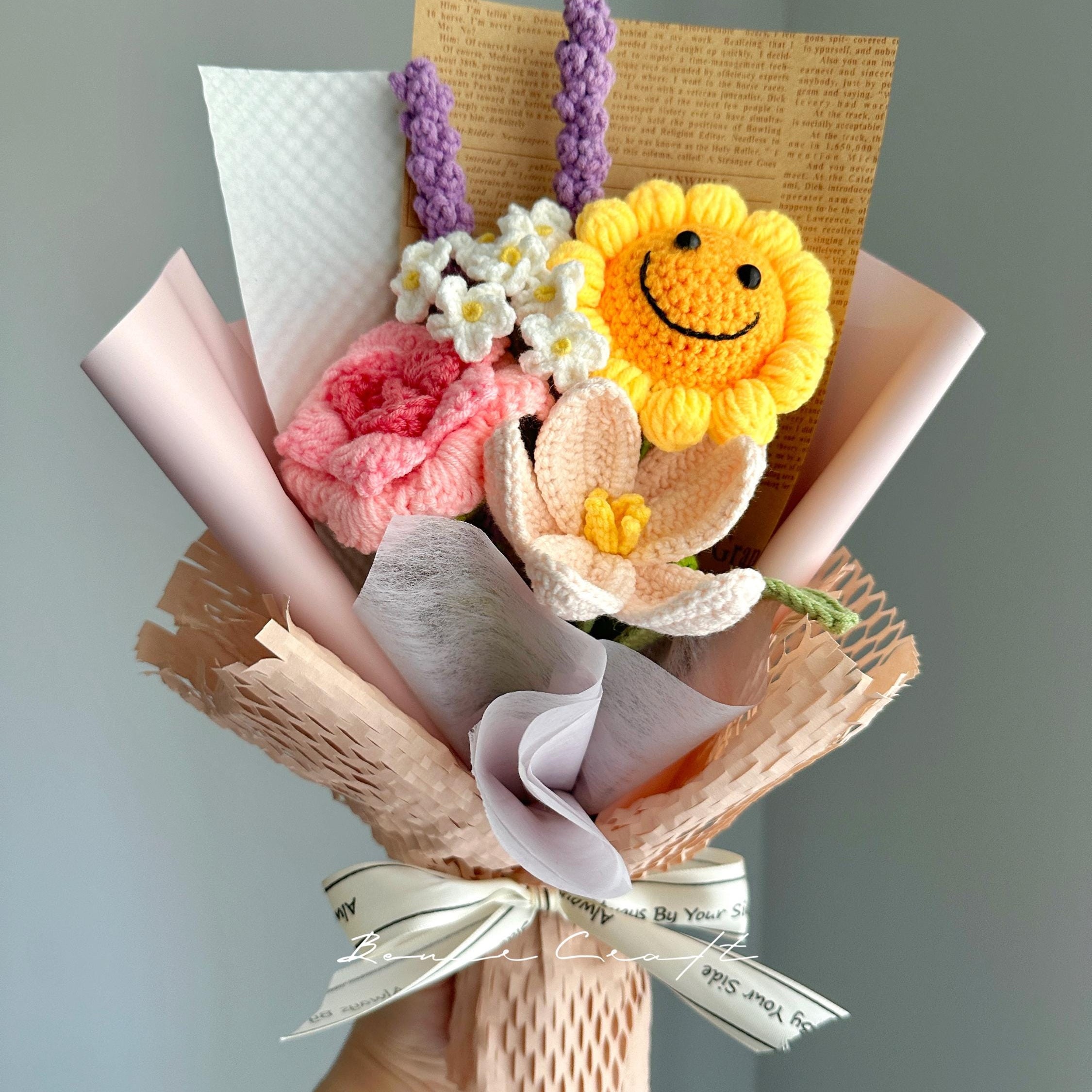 Handmade Crochet Flower Bouquet - 5 Styles | Peony Smiley Sunflower | Forever Gift - 图片 5