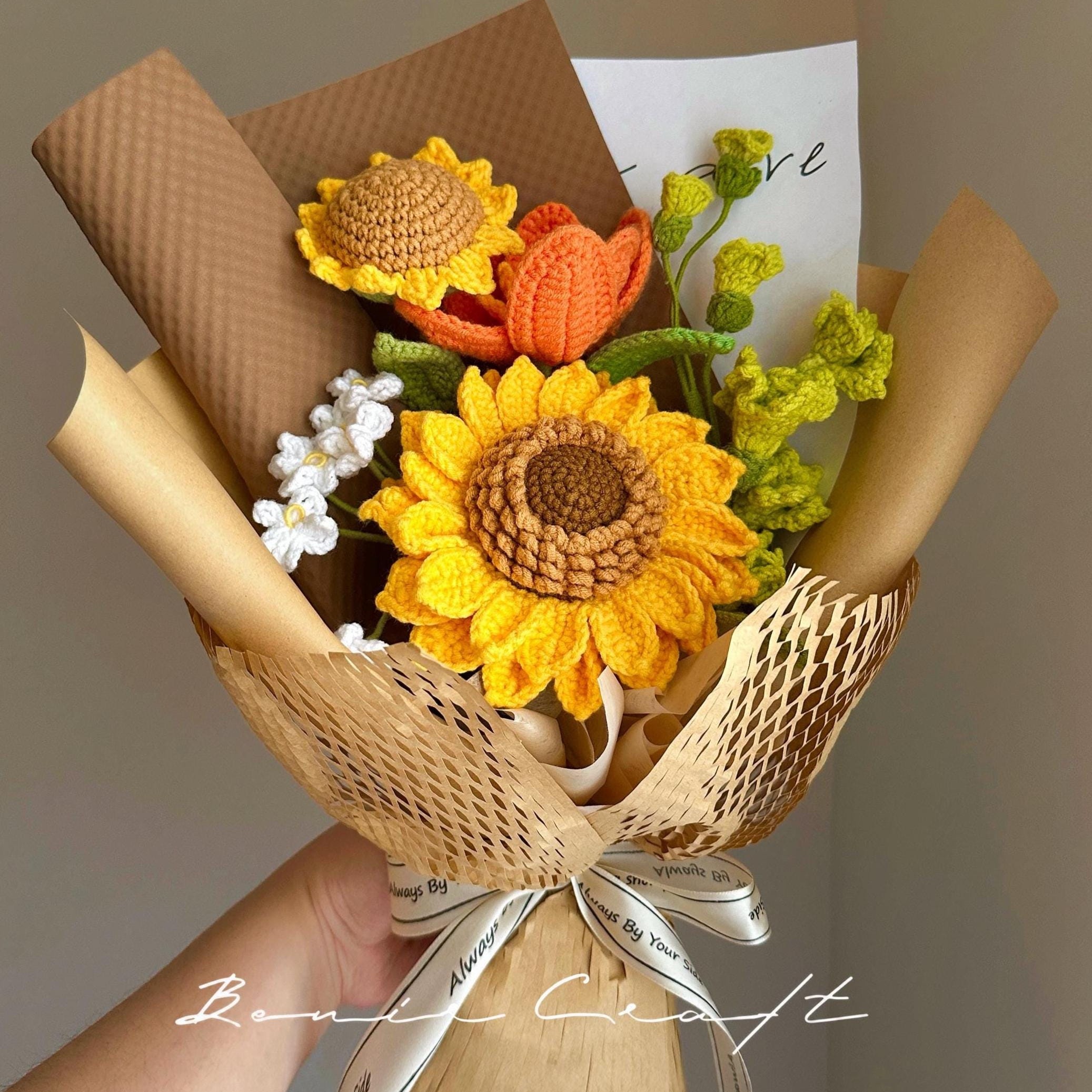 Handmade Crochet Sunflower Bouquet - 7 Styles | Orange Pink Blue | Forever Gift - 图片 2