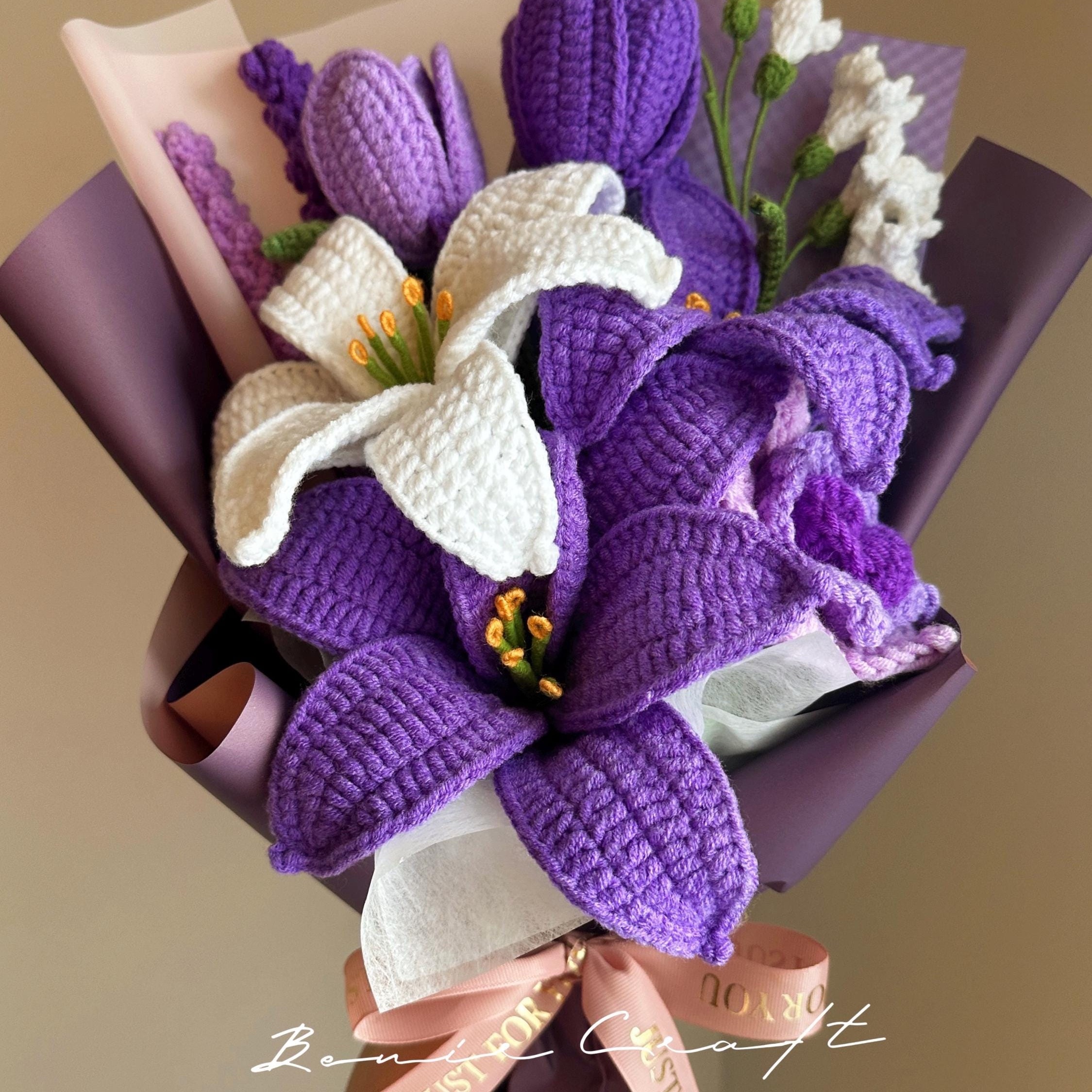 Handmade Crochet Purple Lily Bouquet - 7 Styles | Lily Peony Calla | Forever Gift
