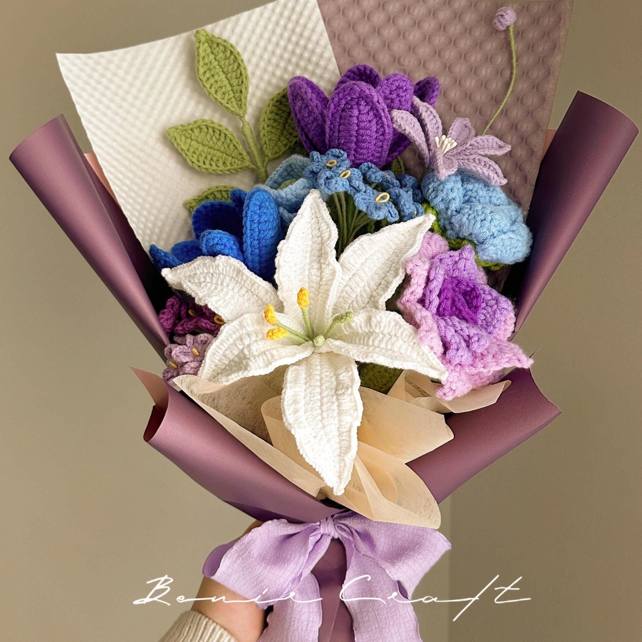 Handmade Crochet Purple Lily Bouquet - 7 Styles | Lily Peony Calla | Forever Gift - 图片 6