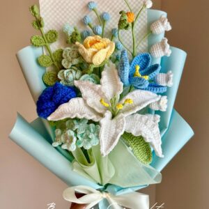 Handmade Crochet Blue Flower Bouquet - 7 Styles | Blue Lily Rose Cosmos | Forever Gift