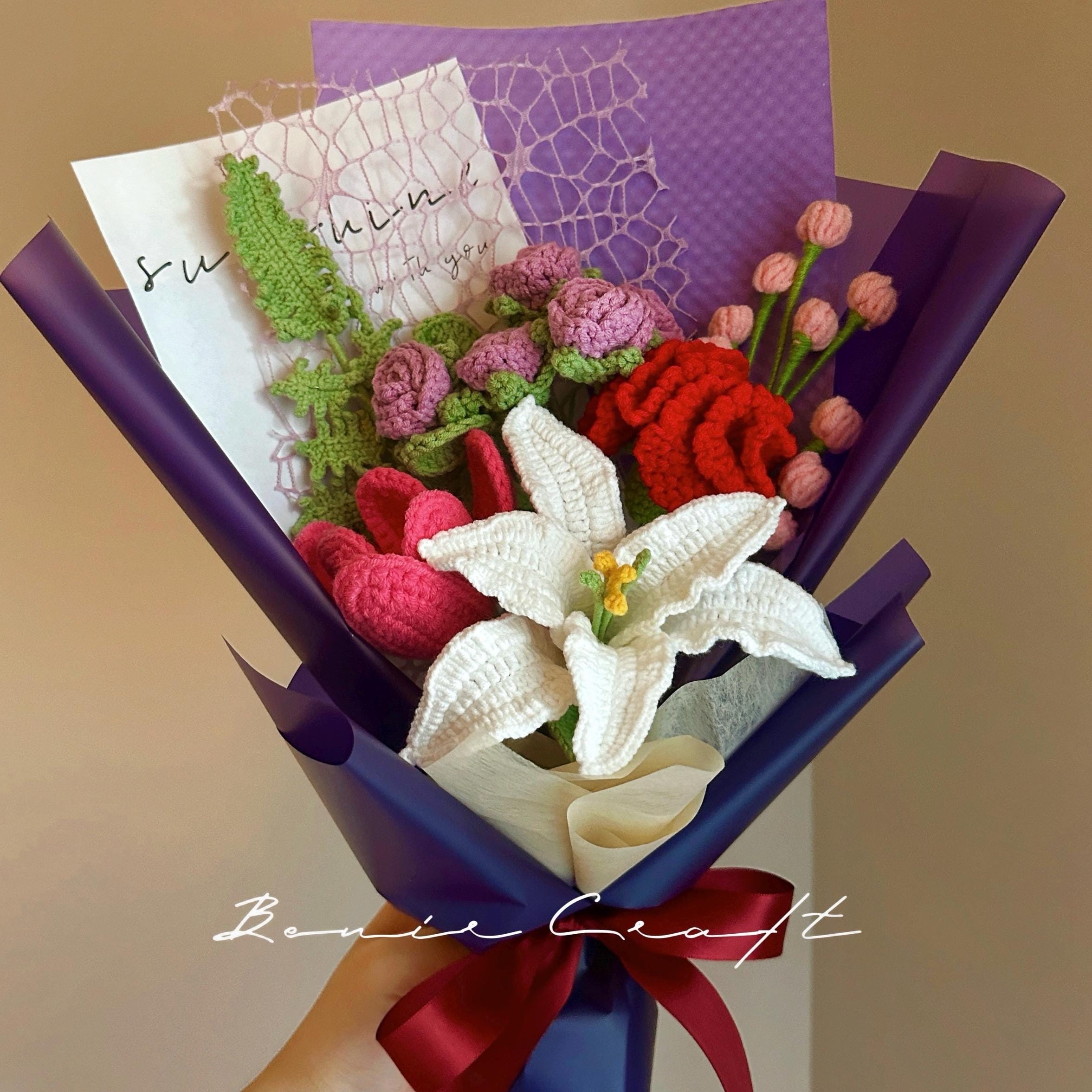 Handmade Crochet Flower Bouquet - 9 Styles | Lily Cosmos Rose Purple | Forever Gift - 图片 2