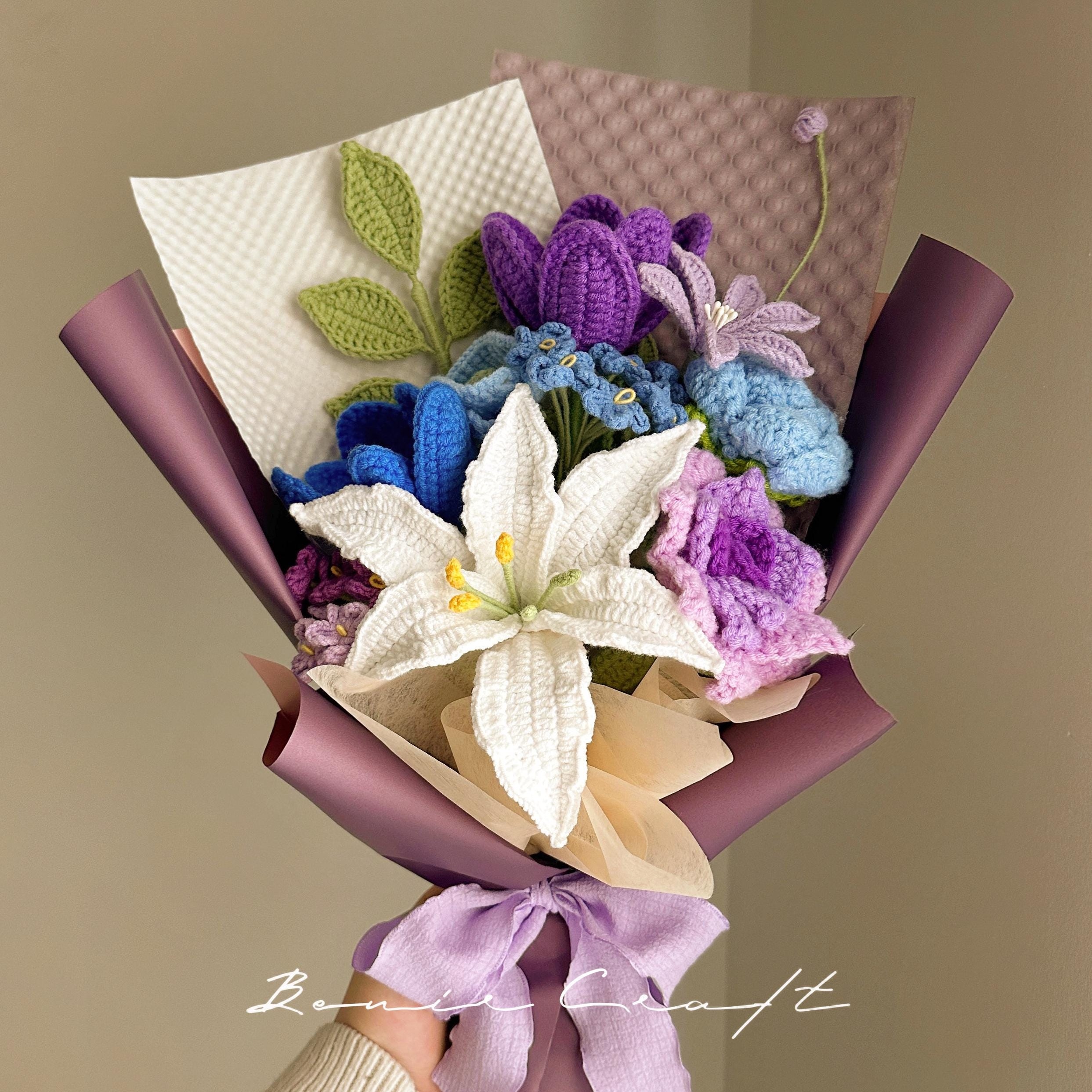 Handmade Crochet Flower Bouquet - 9 Styles | Lily Cosmos Rose Purple | Forever Gift - 图片 4