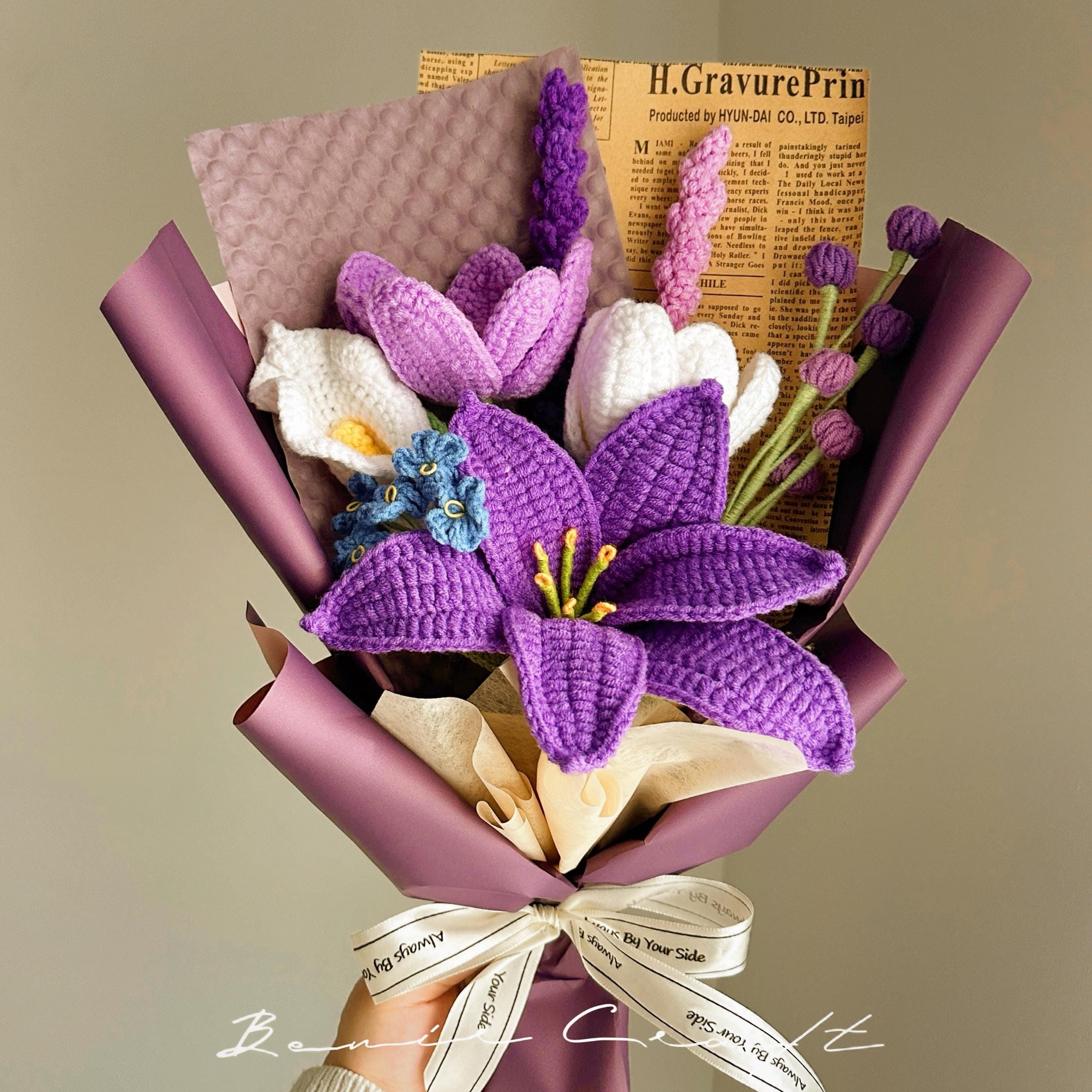 Handmade Crochet Flower Bouquet - 9 Styles | Lily Cosmos Rose Purple | Forever Gift - 图片 5