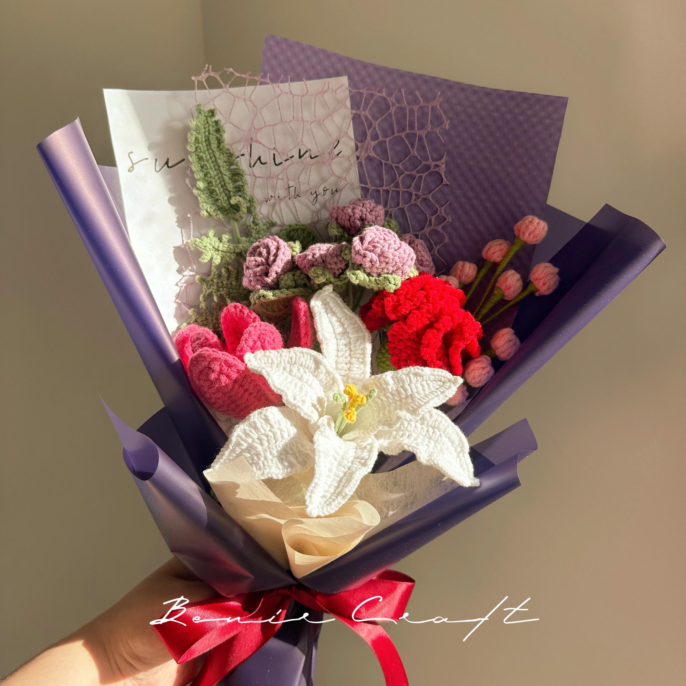 Handmade Crochet Flower Bouquet - 9 Styles | Lily Cosmos Rose Purple | Forever Gift - 图片 9