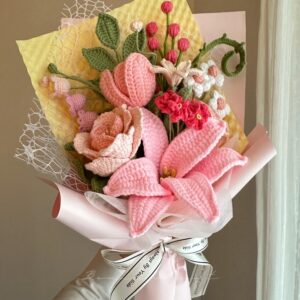 Handmade Crochet Flower Bouquet - 10 Styles | Lily Peony Tulip Rose | Forever Gift