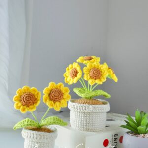 Handmade Crochet Sunflower Pot - 2 Styles | Single Double Stem | Desk Decor