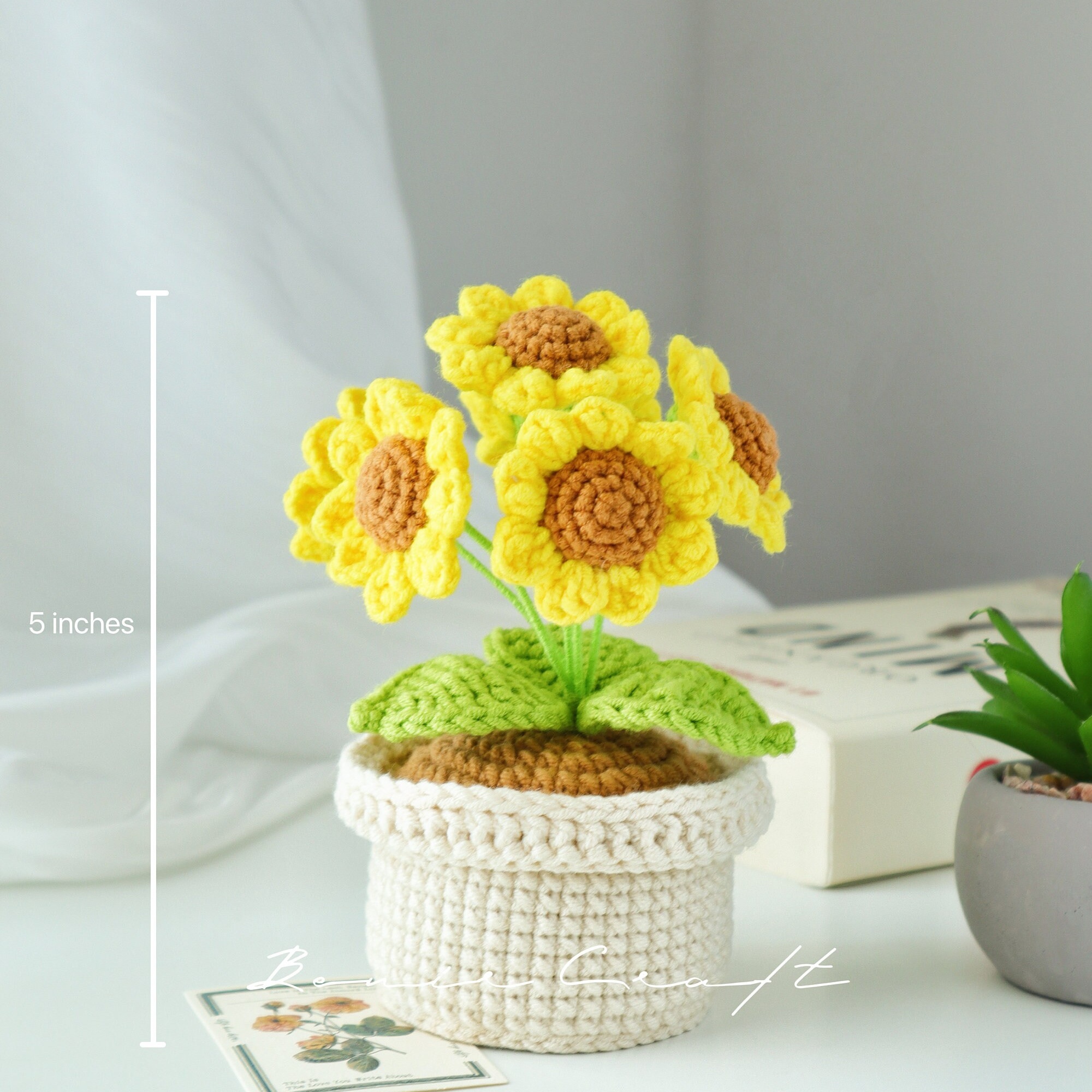 Handmade Crochet Sunflower Pot - 2 Styles | Single Double Stem | Desk Decor - 图片 2